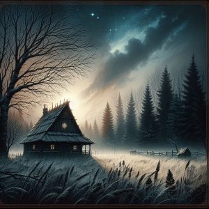 ein coverbild fuer den song in einer kalten nacht regen oelgemoelde huette in der ferne wald wiese felde