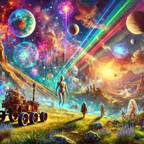 DALL·E 2024 08 31 19.10.48 A surrealistic world blending elements from different times and dimensions. The landscape features a mix of modern technology like a Mars Rover alon