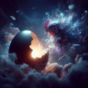 Surreales psychedelisches Albumcover mit dem Titel „Die Henne oder das Ei. Dunkle geheimnisvolle 2