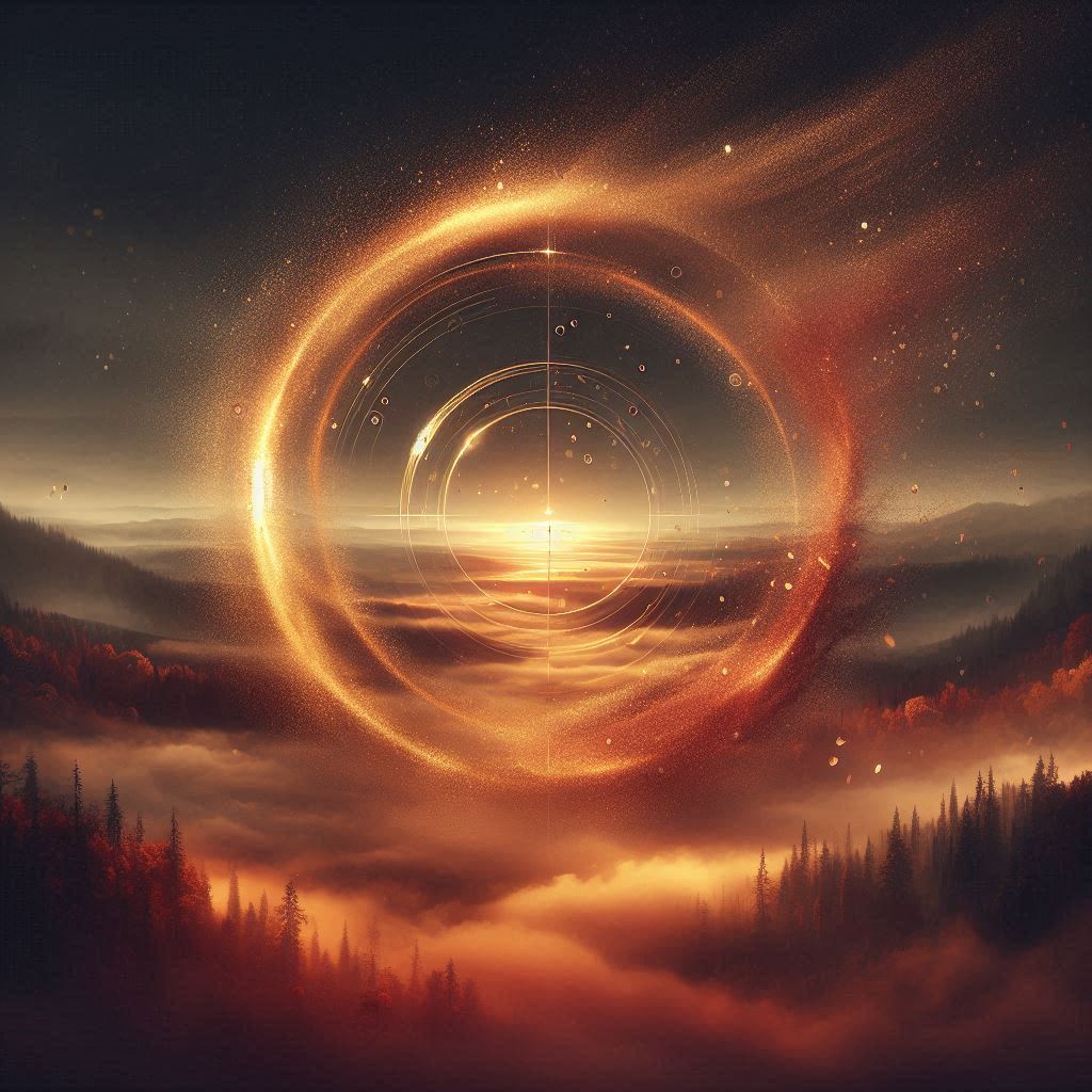 🎧The Never Ending Circle 2 Cinematic ambient album cover. Ein endloser Kreis aus warmem Gold Orange und tiefem Rot schwebt uebe