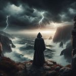 eine vermummte gestalt steht am rand einer klippe und schaut hinaus aufs meer, düstere stimmung, e (2) eine vermummte gestalt steht am rand einer klippe und schaut hinaus aufs meer duestere stimmung e 2